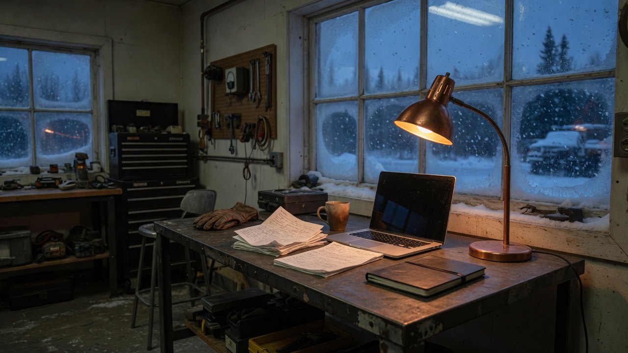 An Alaska shop at dusk: a steel workbench, job notes, a laptop, copper lamp light against a snow-lit window.