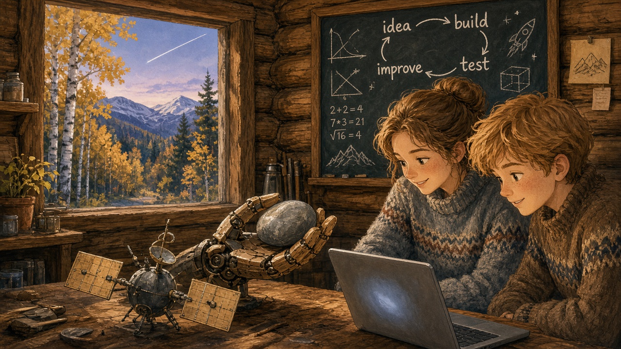 Painterly storybook illustration of a cozy Mat-Su Valley workshop at dusk in early October, where a family studies a robot hand model, a small satellite model and a chalkboard of math sketches.