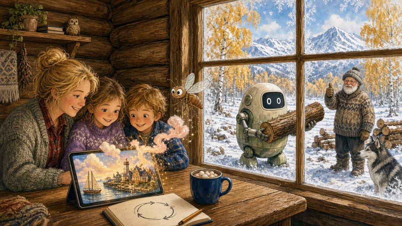Painterly storybook illustration of a cozy Mat-Su Valley log-cabin classroom on an October morning: a parent and two young learners smile at a tablet showing a dreamy imaginary harbor, with a tiny cartoon fruit fly flying out of the screen, while through the frosty window a large friendly robot carries a log to the woodpile as a grandparent gives a thumbs-up and a husky watches.