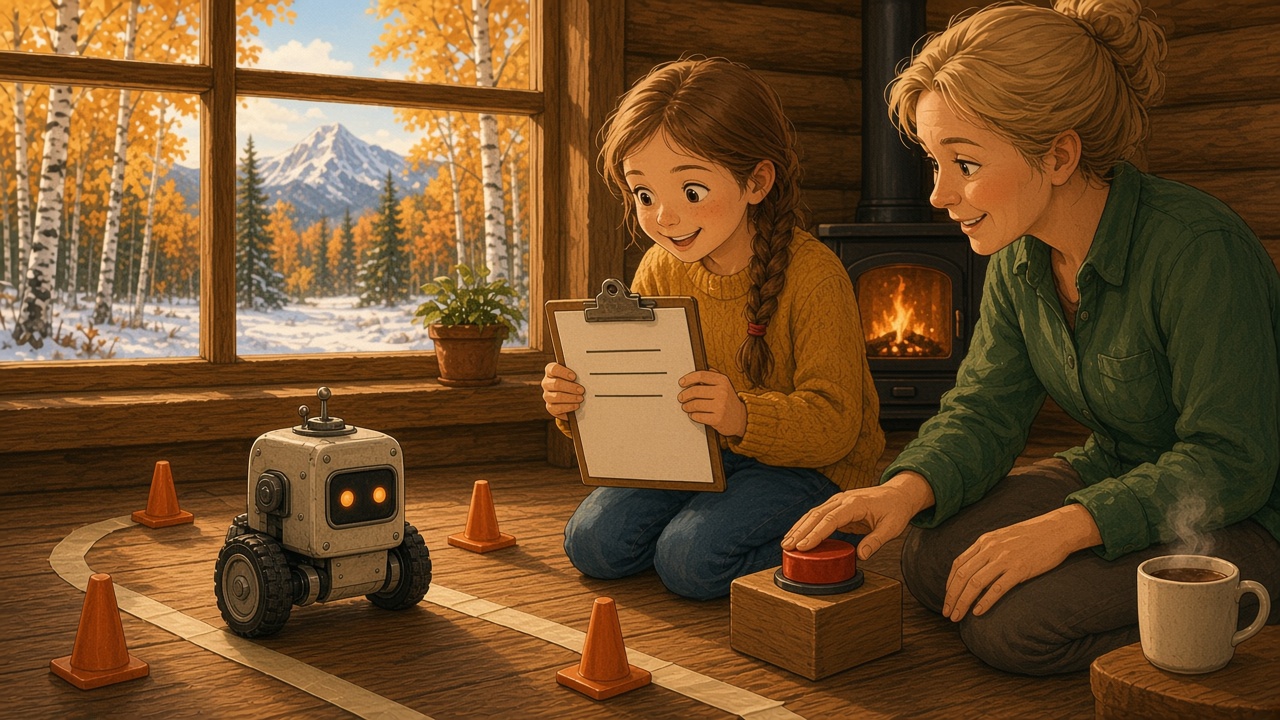 Painted storybook scene in a cozy Mat-Su Valley log home on an autumn morning: a girl in a mustard sweater kneels on the floor holding a clipboard while a small friendly robot on two wheels rolls along a masking-tape path between little orange cones. Her mother kneels beside her, smiling, with one hand resting on a big red stop button on a wooden box. Birch trees, light snow and a mountain show through the window, and a wood stove glows behind them.