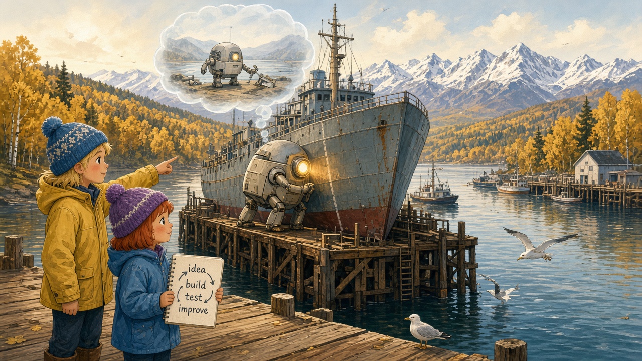 Painterly storybook illustration of an Alaskan harbor in early autumn where a small four-legged robot climbs a ship's hull while a family watches from the dock.