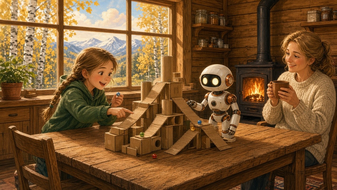 Painted storybook scene in a cozy Mat-Su Valley cabin kitchen with birch trees and snowy mountains outside the window: a girl with light-brown braids kneels at a wooden table beside a homemade marble run of blocks and cardboard ramps, pointing at one ramp as she explains how it works, while her smiling mother listens with a mug in hand and a small white-and-copper robot leans in to watch.