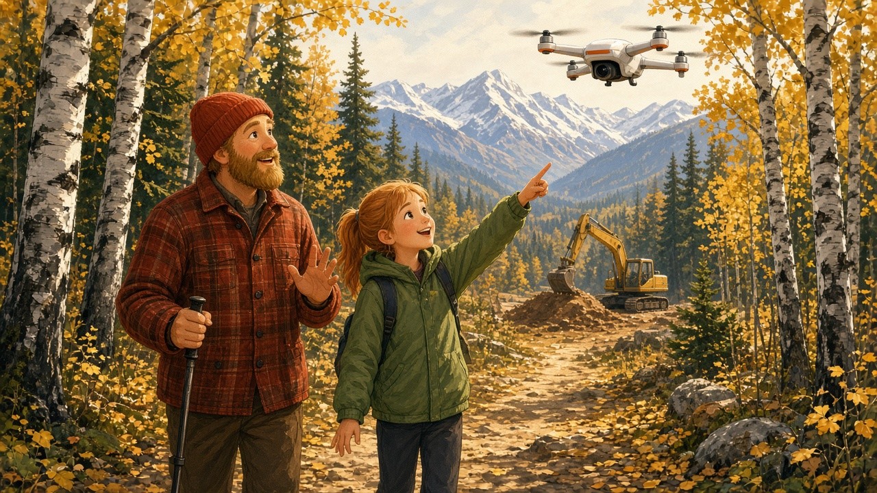 Painted storybook scene on an autumn birch forest trail in the Mat-Su Valley with mountains behind: a father and his daughter watch a small, friendly drone weave between the trees, while a small yellow excavator works at a clearing in the distance.