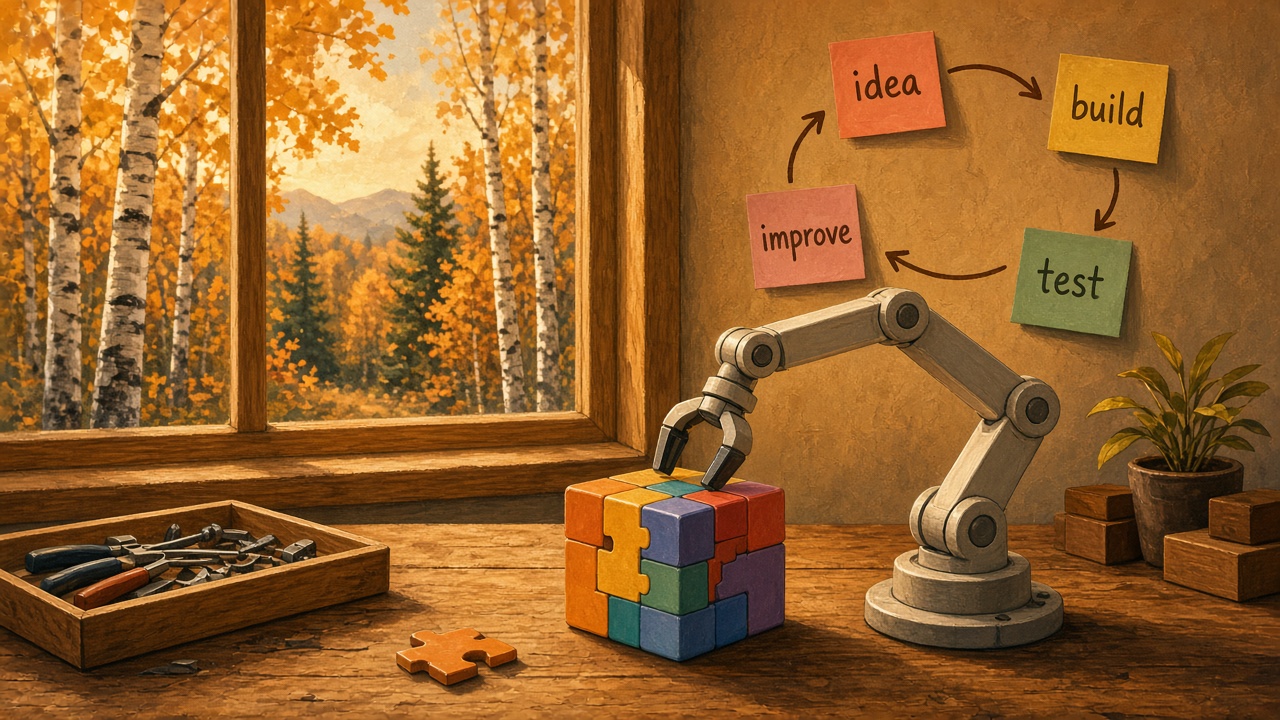 Illustration of a generic robot arm turning a colorful puzzle cube on a wooden workbench, with sticky notes on the wall reading idea, build, test and improve arranged in a loop, and an autumn birch forest outside the window.