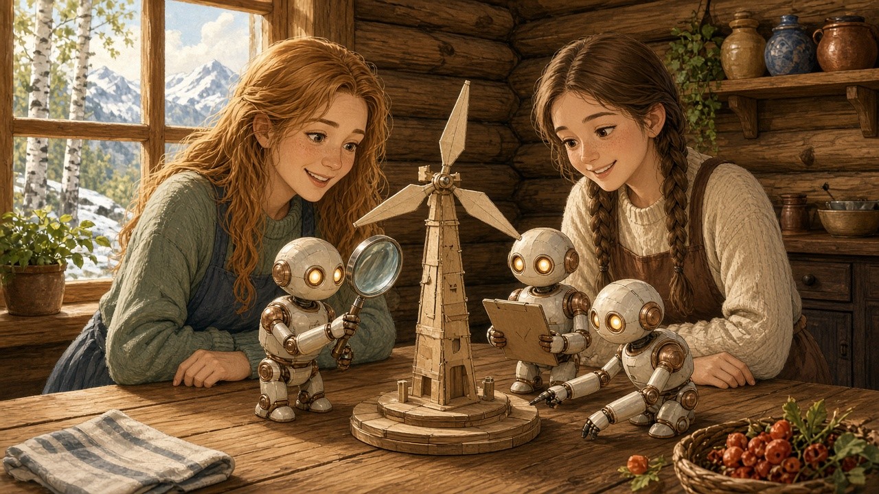 Painted storybook scene in a log-cabin kitchen with snowy mountains outside: a mother and her teenage daughter smile at a small homemade model wind turbine while three little white-and-copper robots inspect it, one with a magnifying glass, one with a clipboard and one pointing at the base.