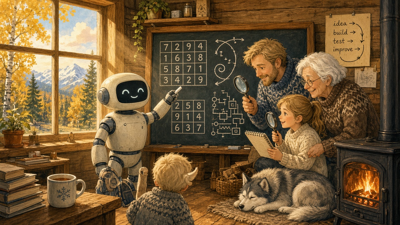 Painterly storybook illustration of a cozy Mat-Su Valley cabin workshop on an October evening, where a parent, a grandparent and a young learner check a friendly robot's puzzle work on a chalkboard, with a husky napping by the woodstove and snowy mountains glowing through the window.