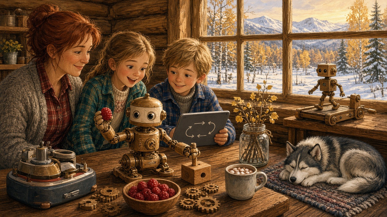 Painterly storybook illustration of a cozy Mat-Su Valley log-cabin workshop on a snowy October morning: a parent and two young learners smile as a friendly wood-and-brass robot gently holds a raspberry in one padded hand and fits a wooden peg into a block with the other, while a tiny toy robot walks on a little treadmill in the background, a husky naps on a rag rug, and golden birches and mountains glow outside the window.