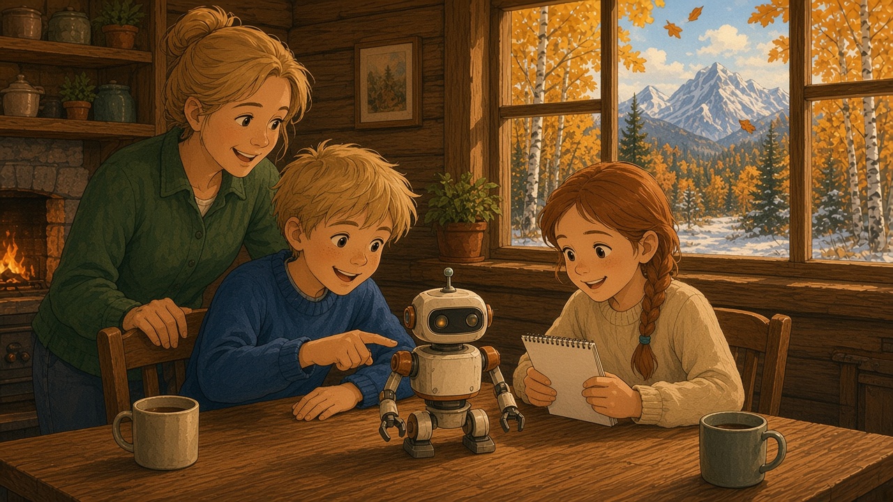 Painted storybook scene in a cozy Mat-Su Valley log cabin on an autumn afternoon: a brother points at a small, friendly cream-and-copper robot standing on the wooden table while his sister holds a paper notepad, ready to take playtest notes. Their mother leans in behind them, smiling, with a wood stove glowing nearby. Through the window, golden birches, a dusting of snow and a snowy mountain.