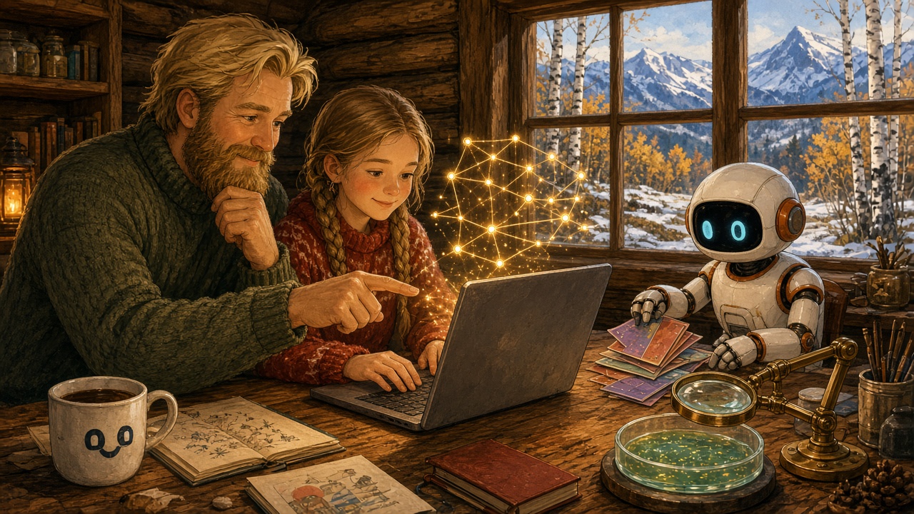 Painterly storybook illustration of a cozy Mat-Su Valley log-cabin workshop: a smiling bearded father and his teenage daughter look at a laptop showing a glowing web of connected dots, while a friendly white-and-orange robot sorts colorful index cards into stacks and a small brass arm holds a magnifying glass over a petri dish, with birch trees and snowy mountains outside the window.