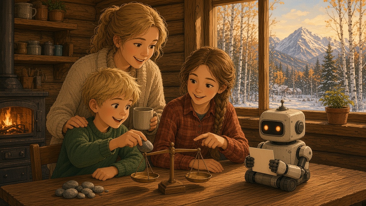 Painted storybook scene at a wooden kitchen table in a cozy Mat-Su Valley log cabin on a late-October afternoon: a boy sets a smooth river stone on one pan of a simple wooden balance scale while his older sister points at the scale and their mother looks on with a mug in hand. A small, friendly cream-and-copper robot sits on the table holding a blank card to its chest, waiting rather than giving the answer. Through the window, bare birches and snow-dusted mountains glow in low autumn light.