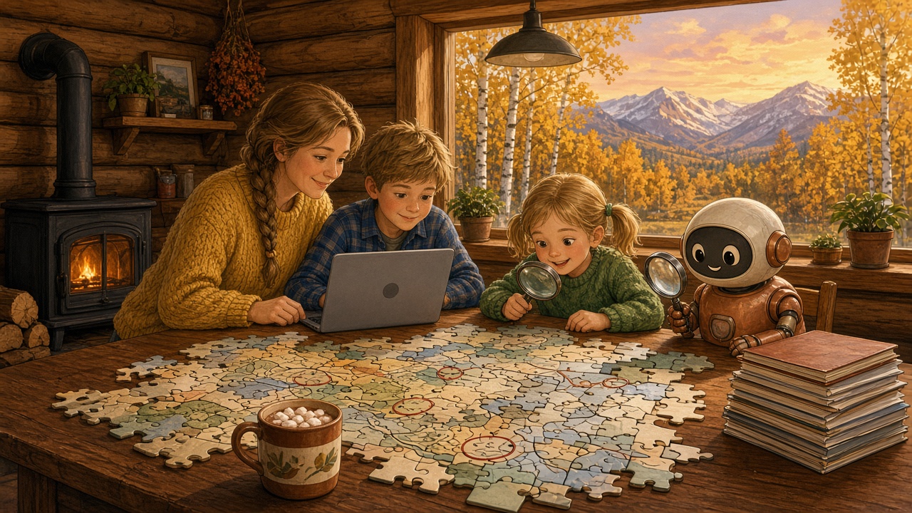 Painted storybook scene at a kitchen table in a Mat-Su Valley log home on an autumn evening: a mother and her son and daughter look over a large paper puzzle map and a small laptop whose screen faces them, while a friendly little robot holds up a magnifying glass beside a stack of notebooks. Snowy mountains glow through the window.